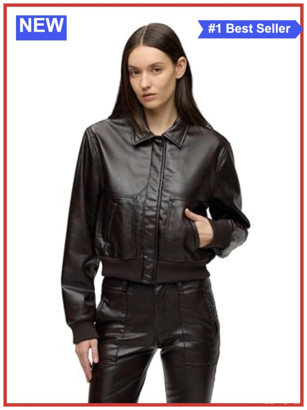 Vegan Leather Bomber Jacket Snap Front Welt Pockets Point Collar